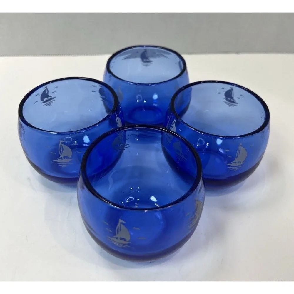 Vintage Hazel Atlas Cobalt Blue Cocktail Shaker glasses ice bucket Sailboat